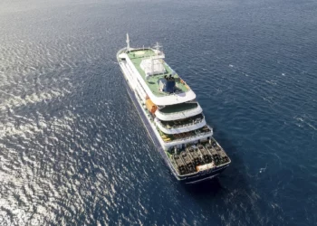 The MV Hondius cruise ship anchored off the coast of Cape Verde in the Atlantic Ocean following a suspected hantavirus outbreak on board, May 2026.