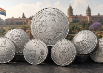 Four new South African commemorative coins laid flat, showing three R2 coins and one R5 Education Tribute Coin issued for Youth Day 2026