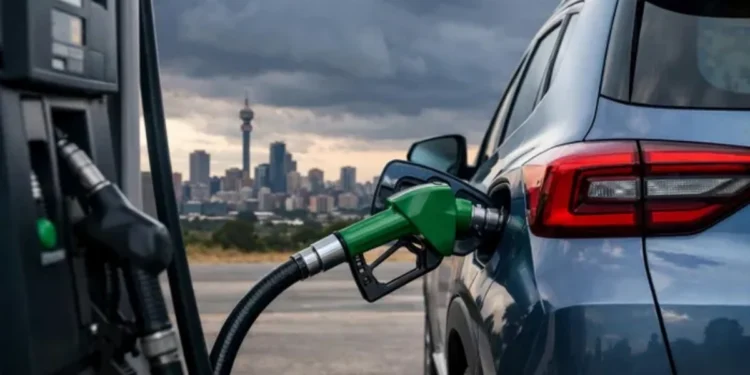 A fuel attendant filling a car at a South African petrol station with the price board visible behind