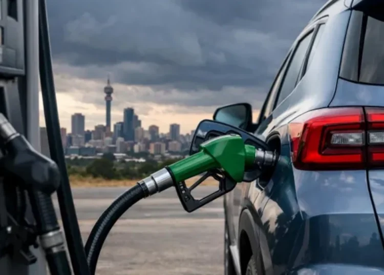 A fuel attendant filling a car at a South African petrol station with the price board visible behind
