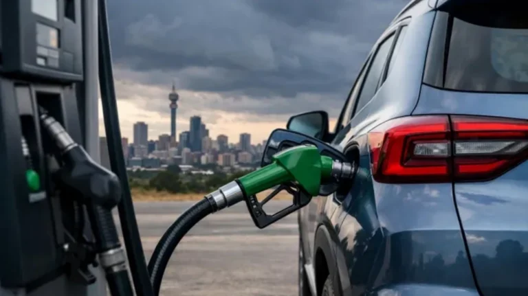 A fuel attendant filling a car at a South African petrol station with the price board visible behind