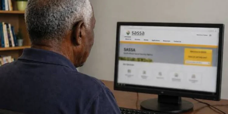 An older woman using a smartphone outside a SASSA office in South Africa