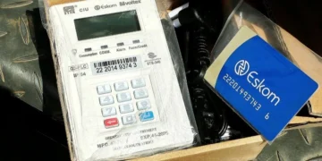 An Eskom technician fitting a prepaid smart meter to the outside wall of a house in Gauteng