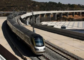 A Gautrain train at a station platform in Gauteng, after the Gautrain new operator process concluded