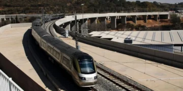 A Gautrain train at a station platform in Gauteng, after the Gautrain new operator process concluded