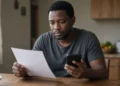 A person checking an SRD grant status message on a smartphone outside a SASSA office