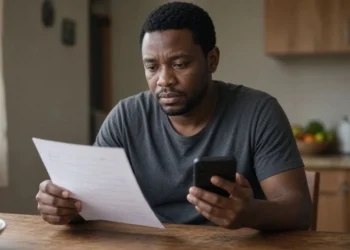 A person checking an SRD grant status message on a smartphone outside a SASSA office