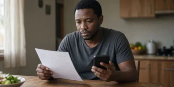 A person checking an SRD grant status message on a smartphone outside a SASSA office